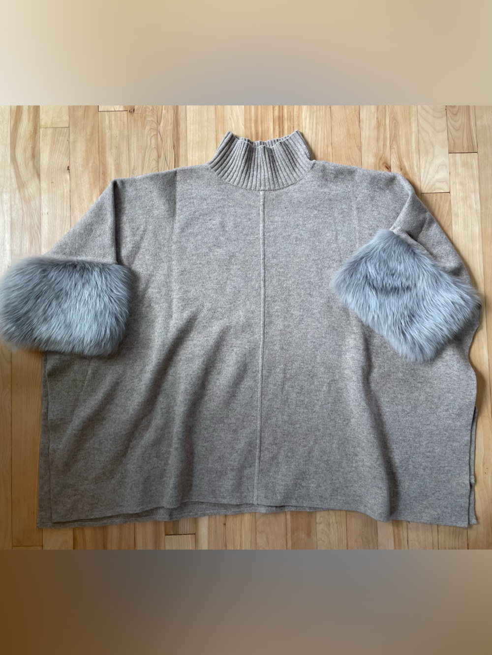 Club Monaco Taupe Mock-Neck Sweater with Gray Lamb Fur Cuffs